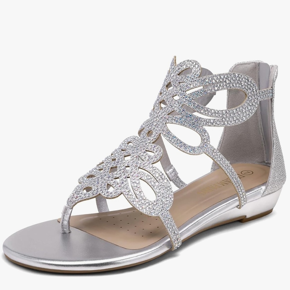 NWT Rhinestone design ankle high flat sandals in silver colour​​​​​​​